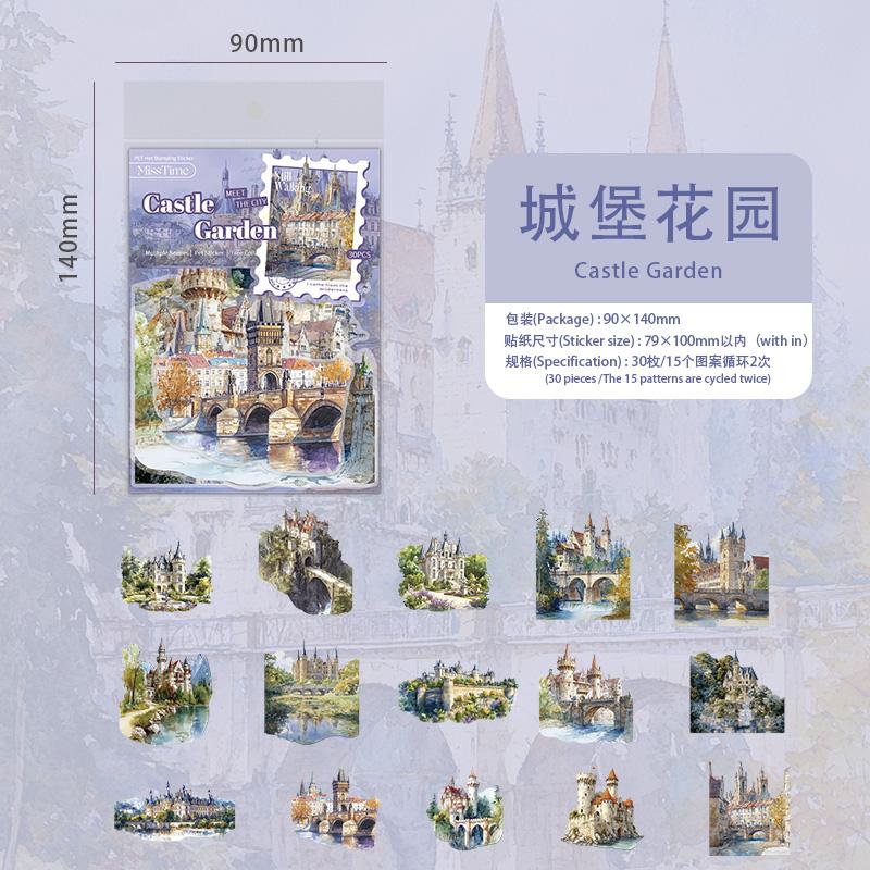 

30pcs/pack Ins Aesthetic Stationery Stickers Town Scenery PET Scrapbook Stickers Collage Decor Diary Album Junk Journal Supplies