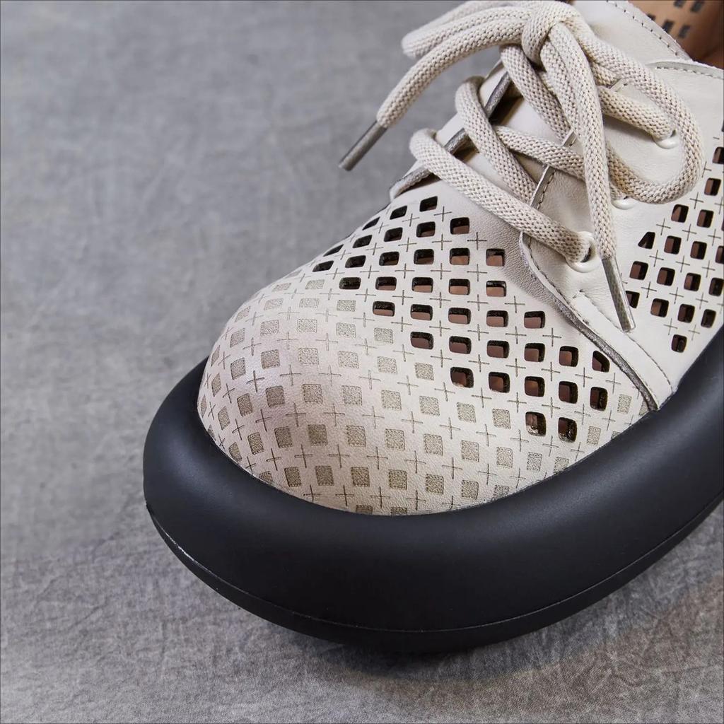 Johnature Hollow Out Thick Soled Shoes Genuine Leather Breathable Lace-up Women's Platform Sandals