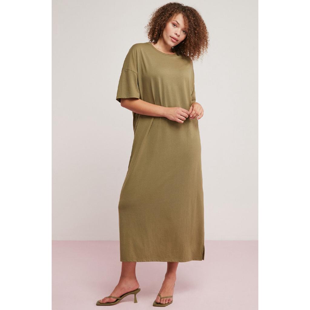 Morganne Woman 100% Cotton Draped Bat Sleeve Slit Comfort Fit Khaki Big Size Dress