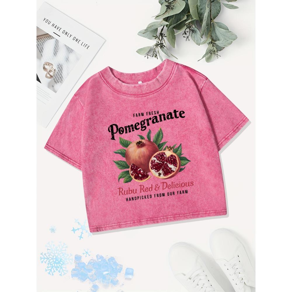 Casual Cotton Crop Tops Women Bright Pomegranate Printing Washed T-Shirts Regular Fit O-Neck Tees Street Womans Clothes