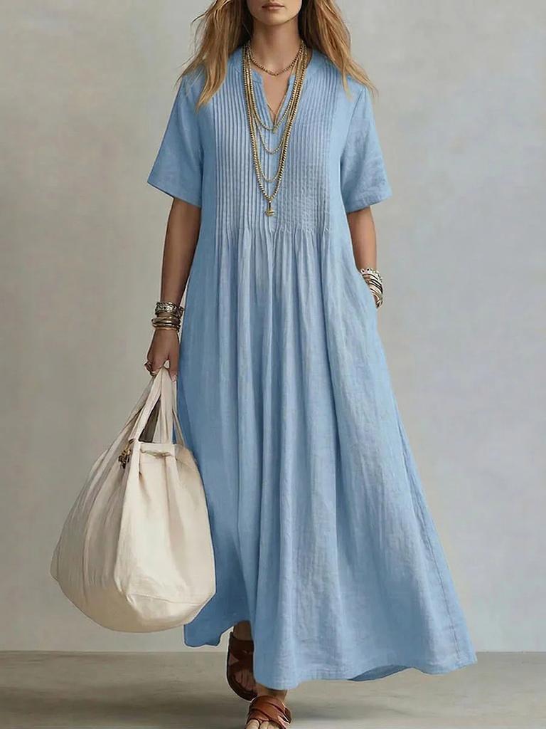 Maxi Abito in Cotone e Lino con Scollo a V e Maniche Corte per un Look Casual Estivo