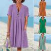 Women Cotton Linen Dress Short Sleeve V Neck A-Line Swing Dress Summer Casual Beach Vacation Sundress with Pockets