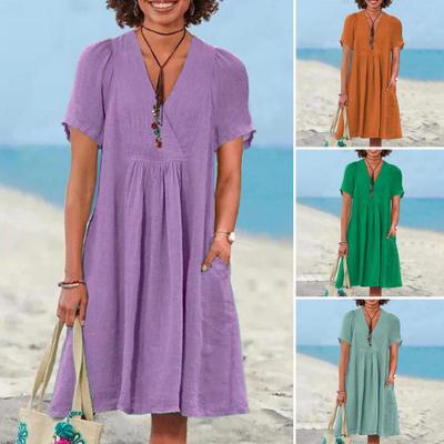 Women Cotton Linen Dress Short Sleeve V Neck A-Line Swing Dress Summer Casual Beach Vacation Sundress with Pockets