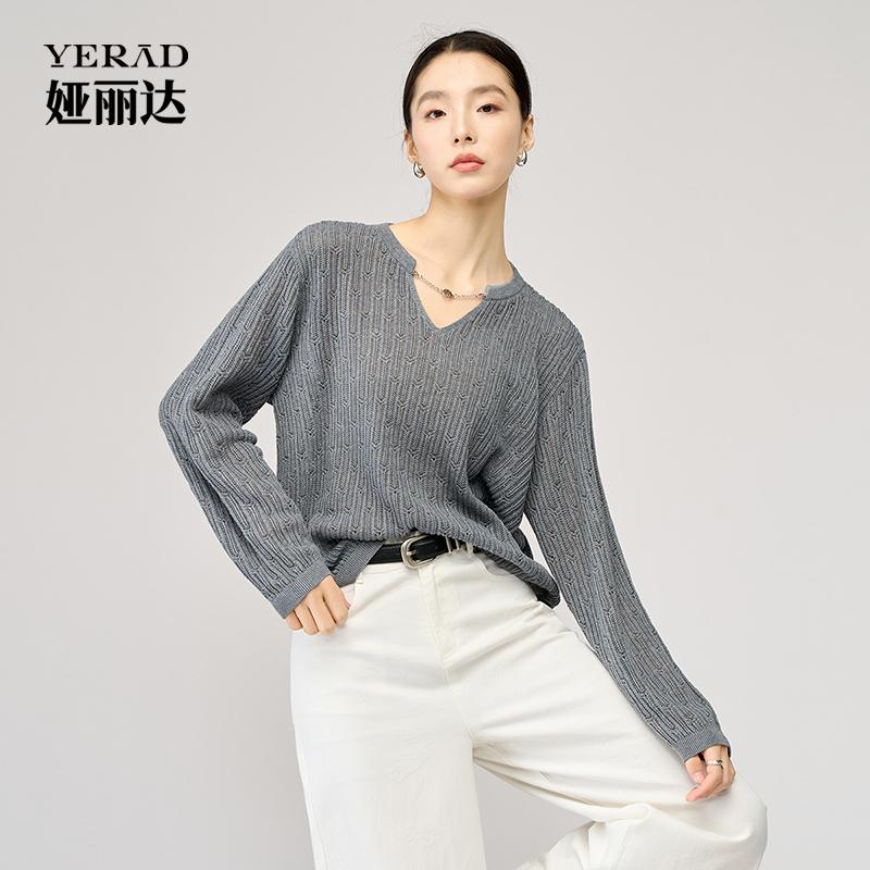 High end hollow V-neck wool knitted sweater for women with loose temperament casual wear