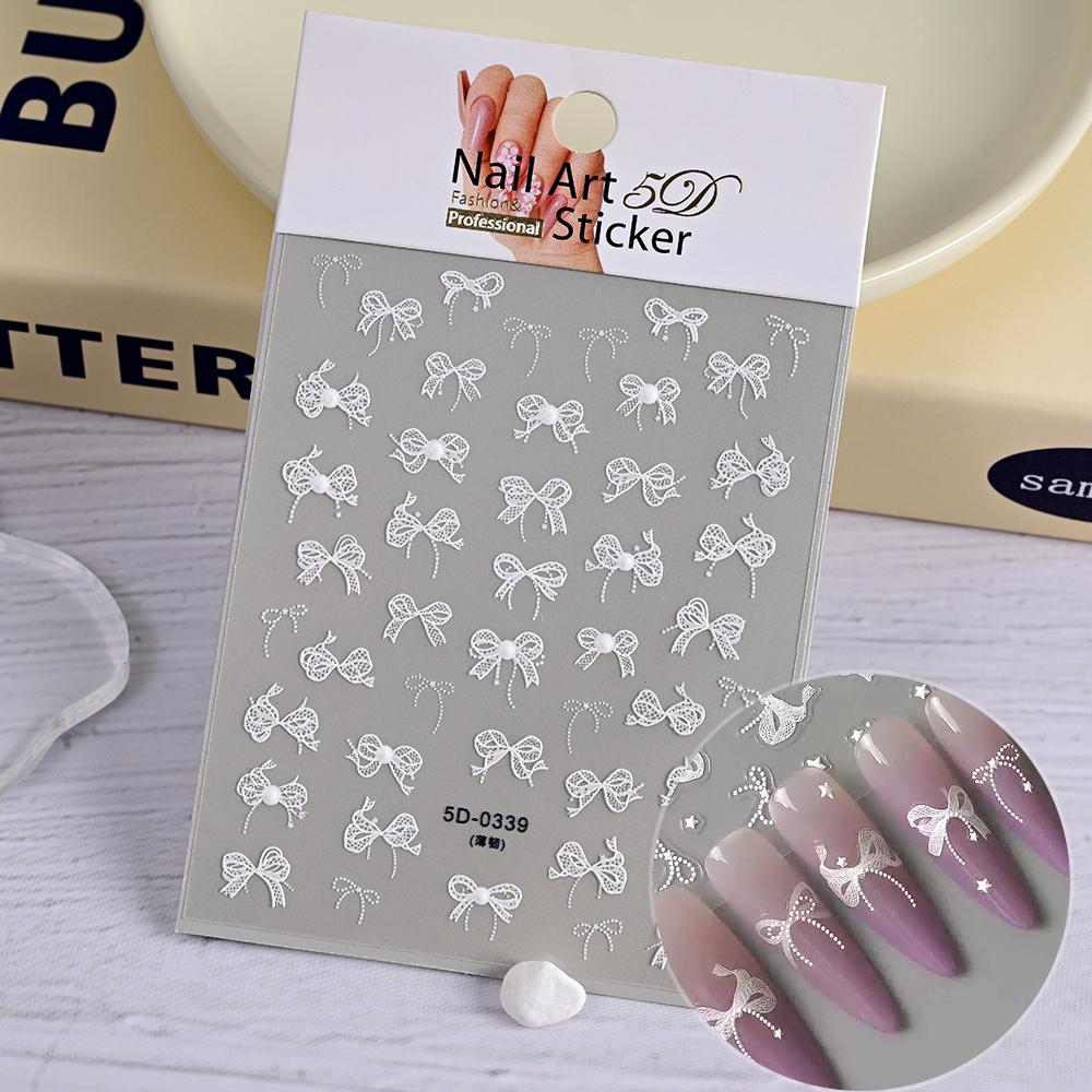 1PC 5D Embossed White Lace Bow Nail Art Stickers Cute Pink White Ribbon Bow Tie Nail Sliders Kawaii Bow Manicure Accessories TY9