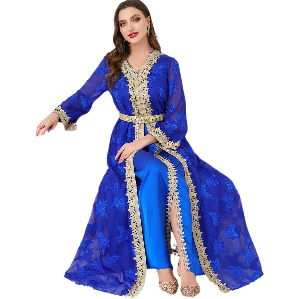 Women's V-neck Long Sleeve Middle Eastern Abaya Two-Piece Set Dress