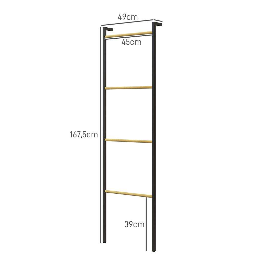 Towel Rail, Freestanding, 4 Bars, 49x5.5x167.5cm, Black/Natural Wood