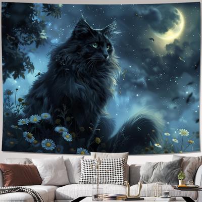 Cosmic Cat Moon Fantasy Tapestry Boho Wall Hanging Canvas Mural Bedroom Living Room Decor