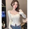 Women's Long-Sleeve Slim Fit Lace-Trim Square Neck Top for Autumn/Winter
