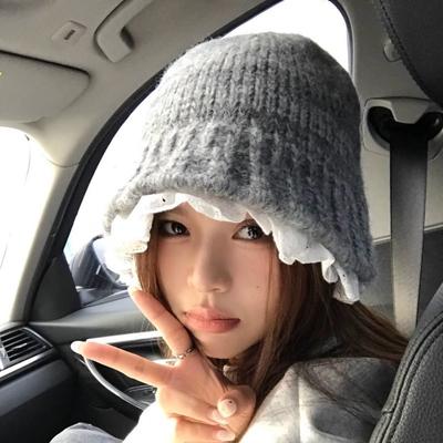 Lace Lace Bucket Hat Women's Autumn and Winter Sweet Wool Knitted Hat Showing Face Small Hat Winter