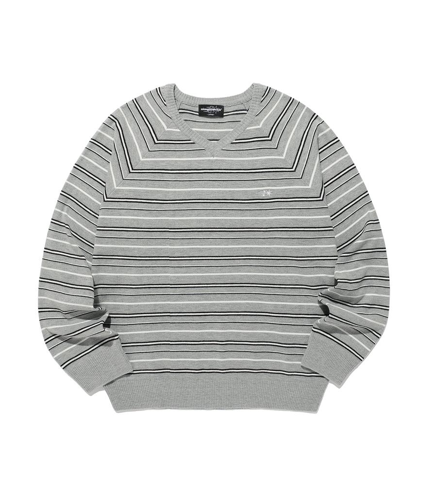 NICEGHOSTCLUB Multi Stripe 3Star V Neck Knit_Grey(Ng2Gsum600A)