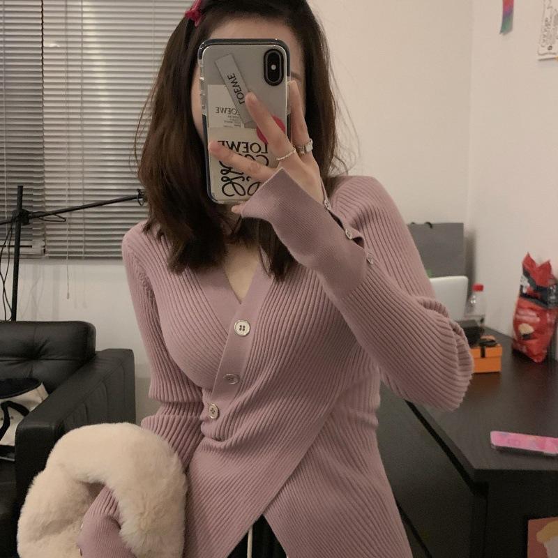 Spring and Autumn Women's Knitwear Long Sleeve Slim Split V-Neck Spice Top Inner White Bottom Shirt