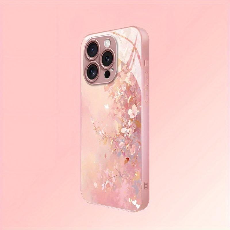 Luxury Flowers Pattern Pink Metallic Paint Glass Hard Phone Case For iPhone 17 16 15 14 13 12 11 Pro Max 15 Plus 17Air 16E Cover