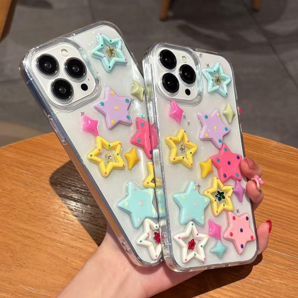 Cute 3D Colorful Stars Phone Case For iPhone 16 15 14 13 12 11 Pro Max Glitter Sequins Shockproof Soft Silicone Cover