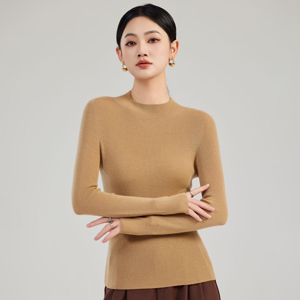 Autumn/Winter Women's Seamless 100% Wool Half-High Neck Slim Fit Sweater