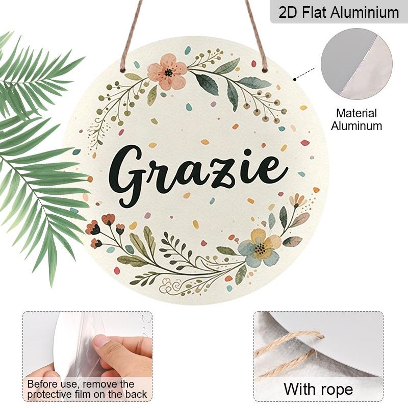 2D Flat Retro Aluminum Wall Sticker, Various Sizes, Thank You Teacher, Watercolor Floral "Grazie" Thank You Sign, Italian Bohemian Style Wreath