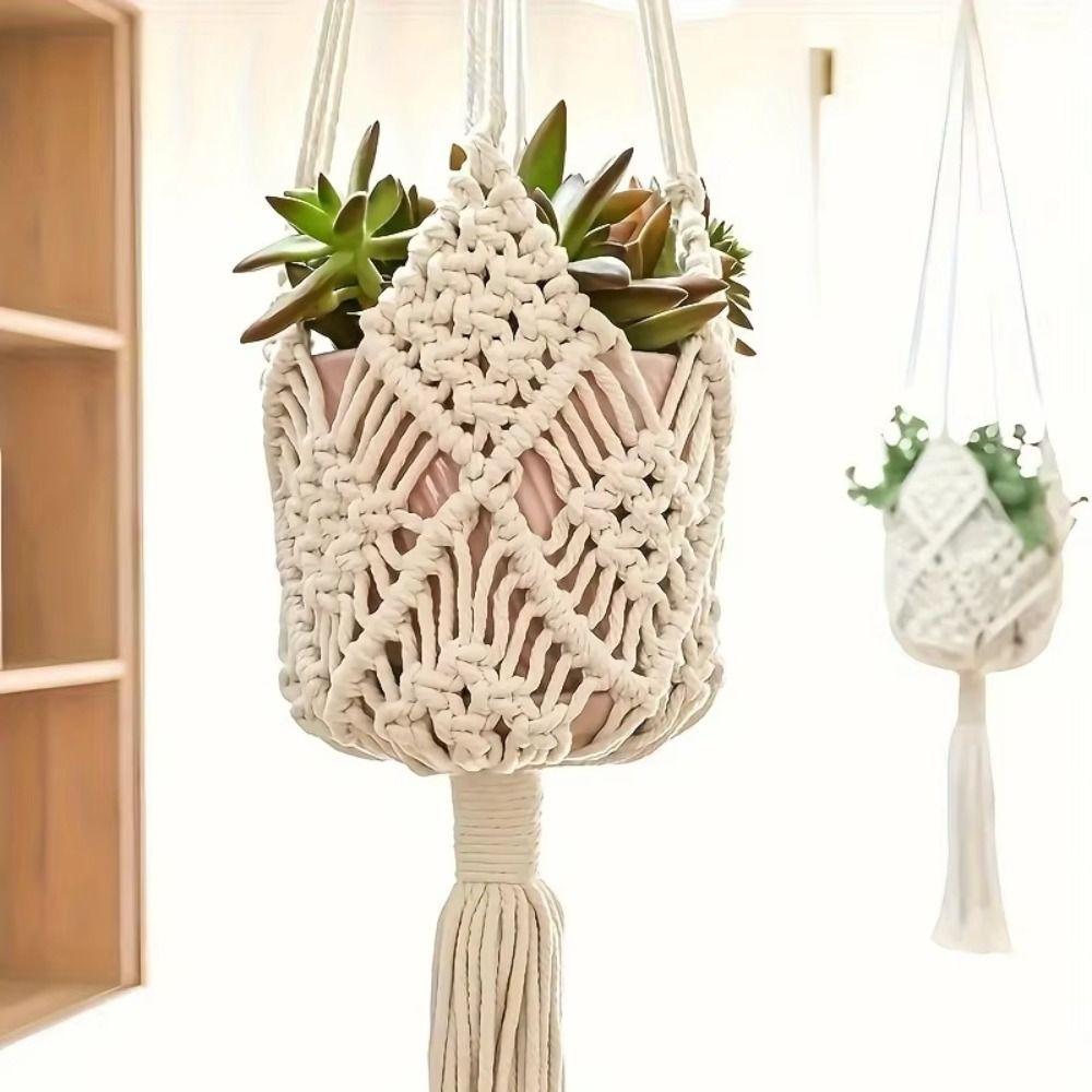 Boho Plant Hanger with Net Pouch Macrame Hanging Basket Cotton Rope Woven Flower Pot for Indoor Outdoor Hanging Succulents