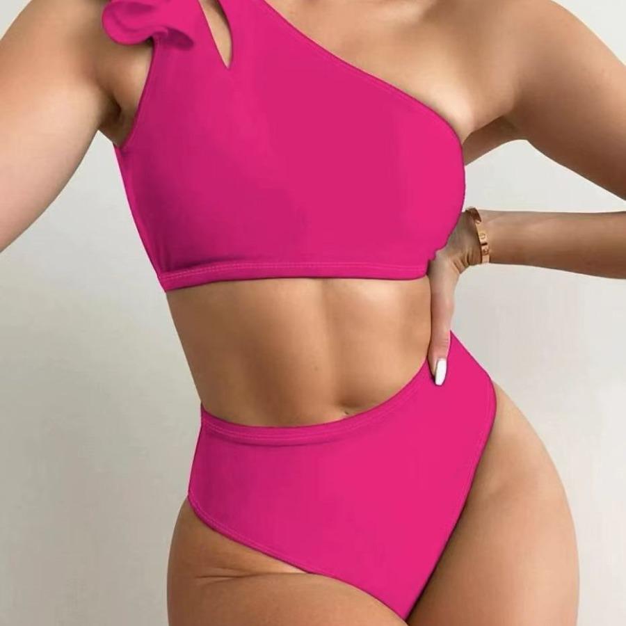 2025 Solid Color Sexy Two-piece High-waisted Single-shoulder Fringed Women's Bikini, Multi-color Available Swimwear