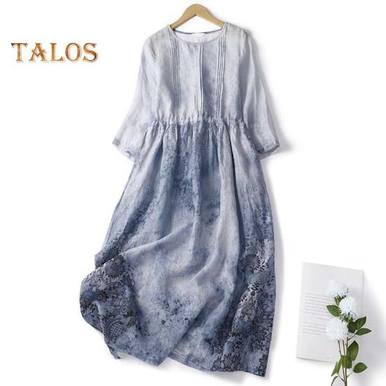 Sommerkjole for kvinner i plussstørrelse i lin, avslappet blomstermønstret rund hals 3/4 erme midikjole løs flytende strandkjole