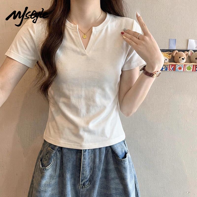 MJ STYLE Women s V-Neck Ruched Slim Fit Short Sleeve T-Shirt M