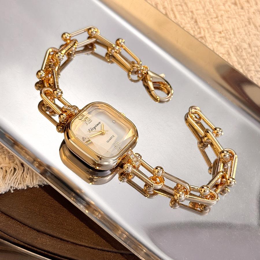 High end Niche Bracelet Style Wristwatch light luxury creative square multi facet glass Women's quartz Watches Chain Antique