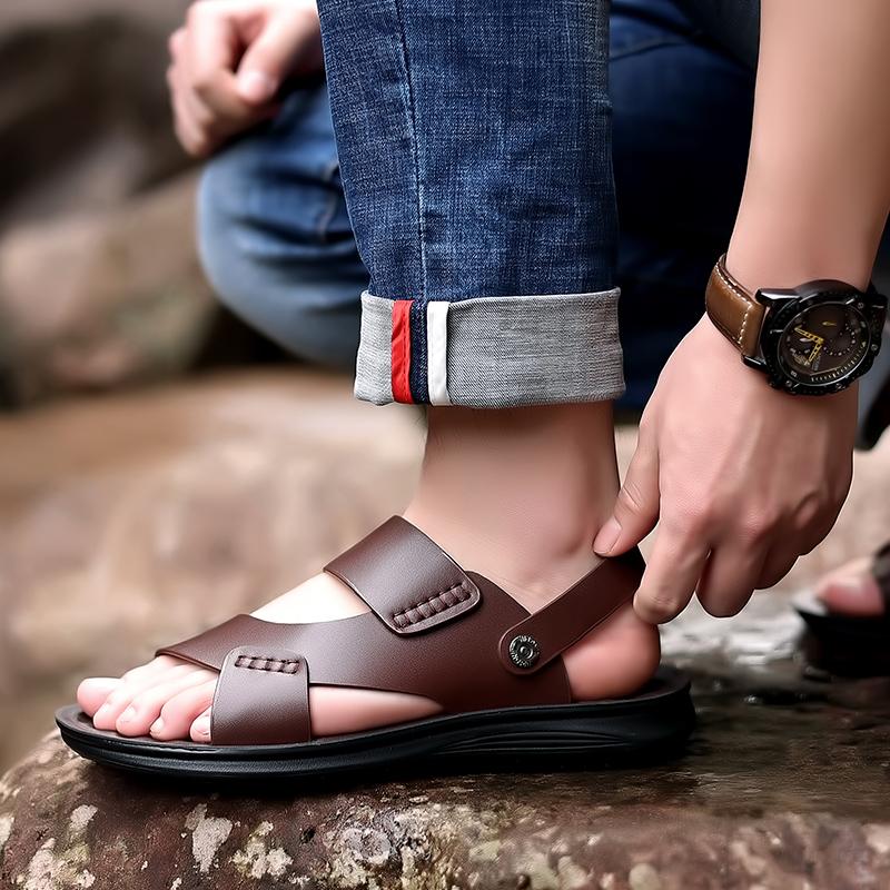 Men Brown Flats Slippers Summer Outdoor Wide Head Hiking Sandals Retro Black Leather Open Toe Beach Shoes Plus Size