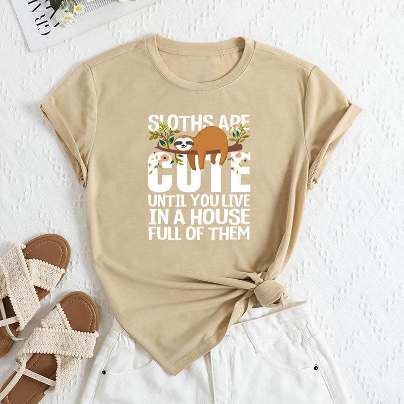 Summer Women's Fashionable Letter Sloth Short Sleeved Casual Loose Cotton Round Neck Top