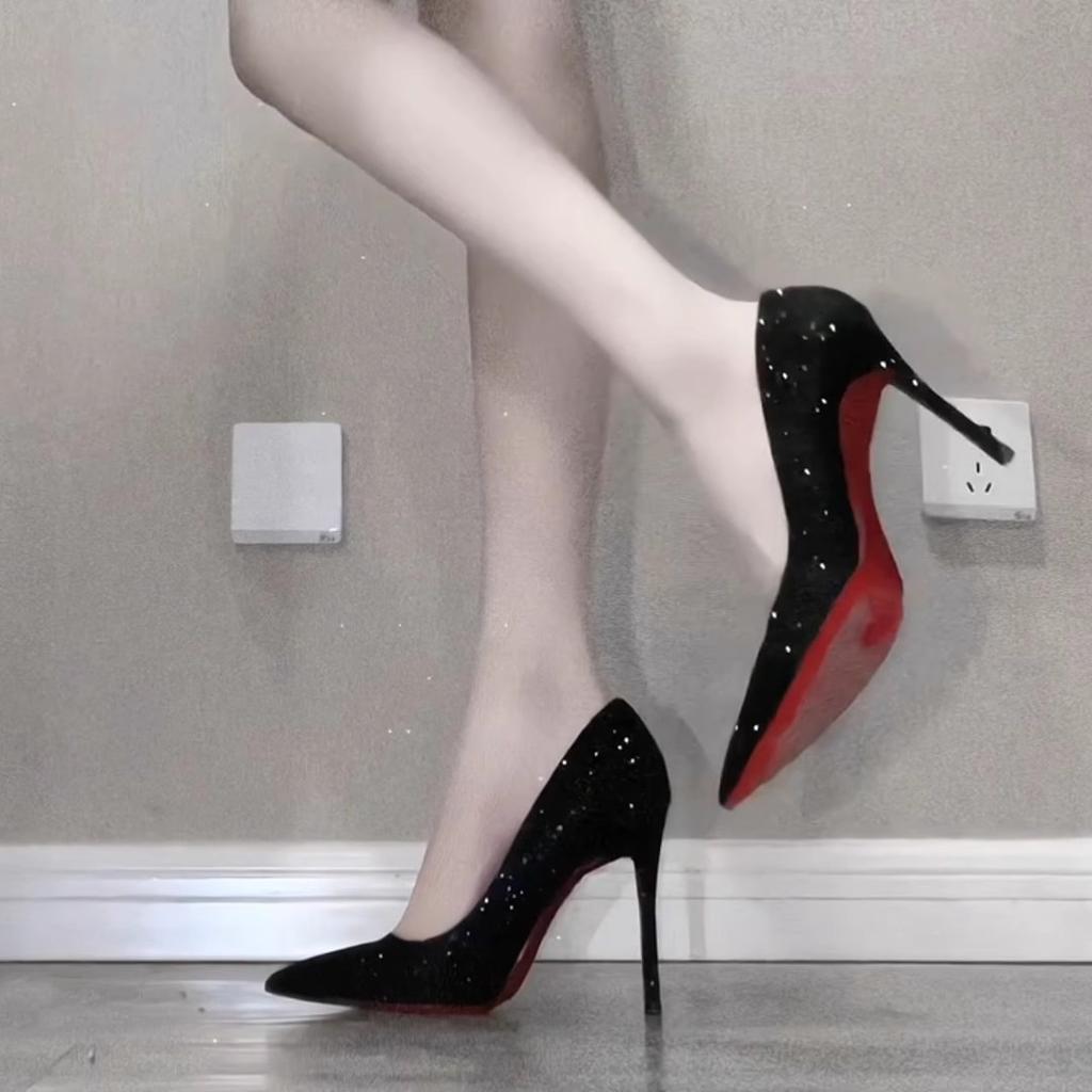 Sequined Red-soled High Heels Women's Spring and Autumn 2024 New Black Stiletto Sexy Pointed Beautiful Professional Temperament Single Shoes