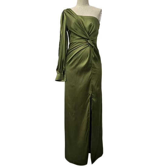 Vestido de noite feminino, um ombro, sem mangas, bainha dividida, cor sólida, cintura fina