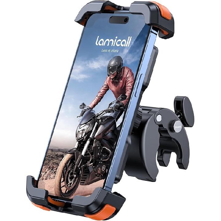 Lamicall Motorcycle Phone Mount, Bike Phone Holder - [Metal Lock] Upgrade Quick Install Handlebar Clip for Bicycle Scooter, Cell Phone Clamp for