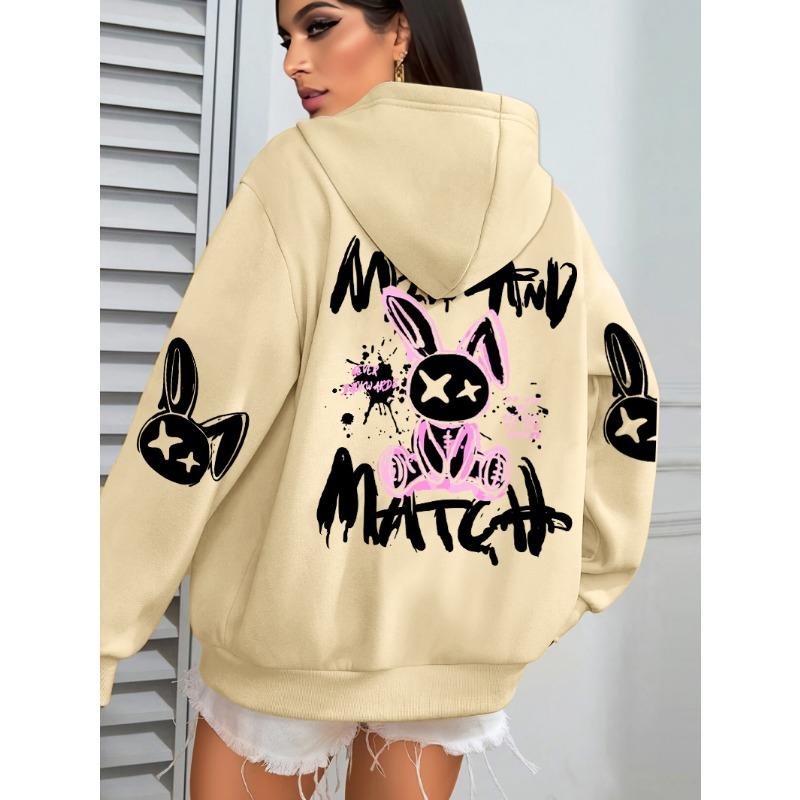 Mix And Match Cartoon Rabbit Prints Women Hoodie Pocket Streetwear Loose Hoody All-Match Fleece Female Clothing