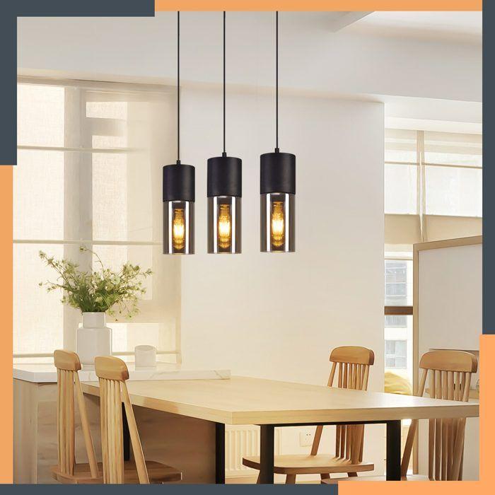 Lampe à suspension - NETTLIFE - E27 3 ampoules - Noir - Métal et verre - Diam. 50 cm