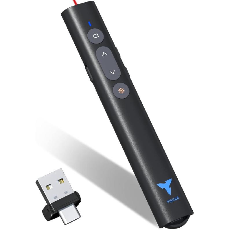 Кликер для презентаций PowerPoint, TIBURN 100 футов, Кликер для презентаций USB/USB-C 2 в 1, Кликер для слайдов для Mac/Win/Компьютера/Ноутбука, Презентация