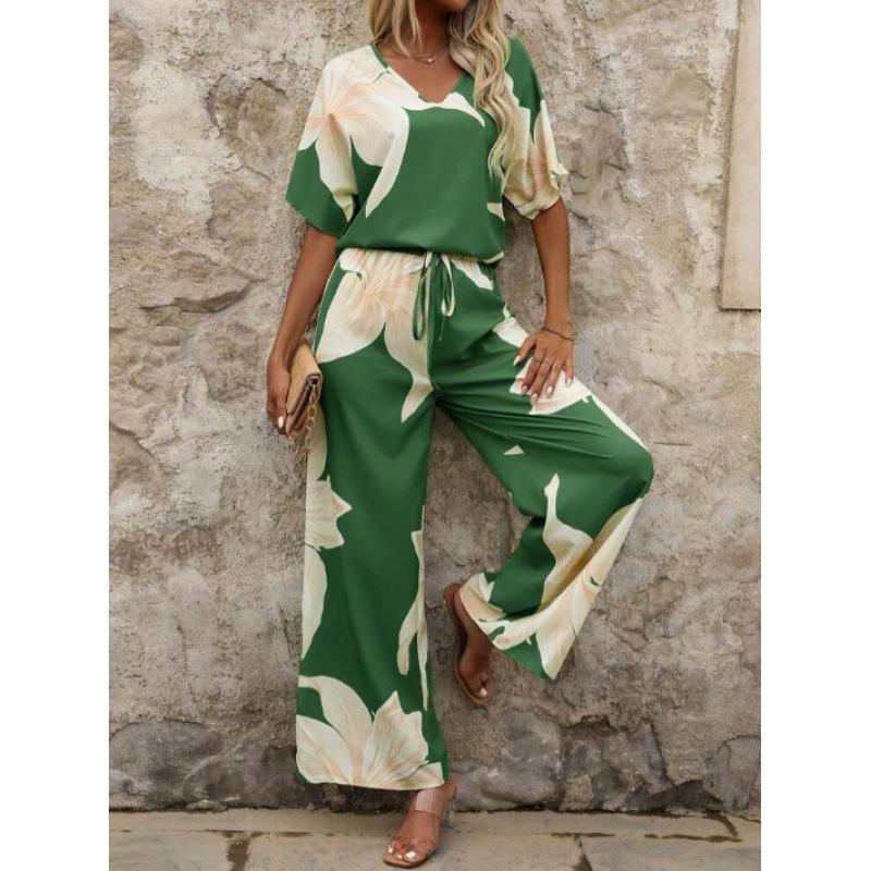 1116 Summer European and American suit printed V-neck bat sleeve top long pants fashion source