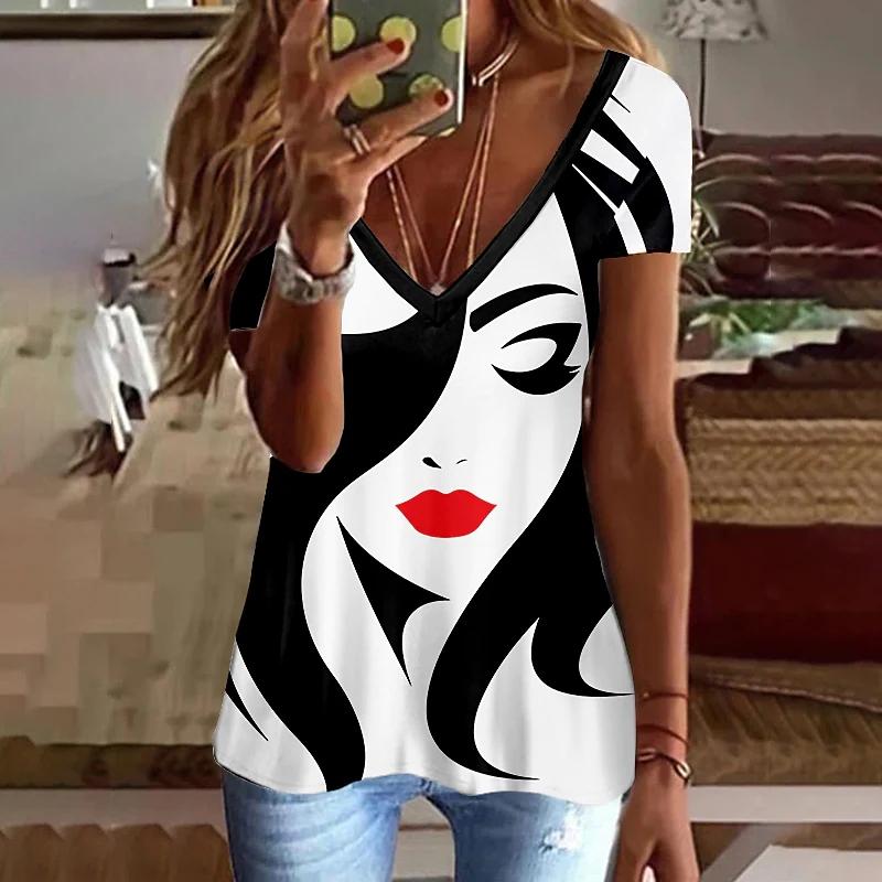 Summer V-neck 3D Printed Top Fashionable Casual Short Sleeved Women's T-shirts