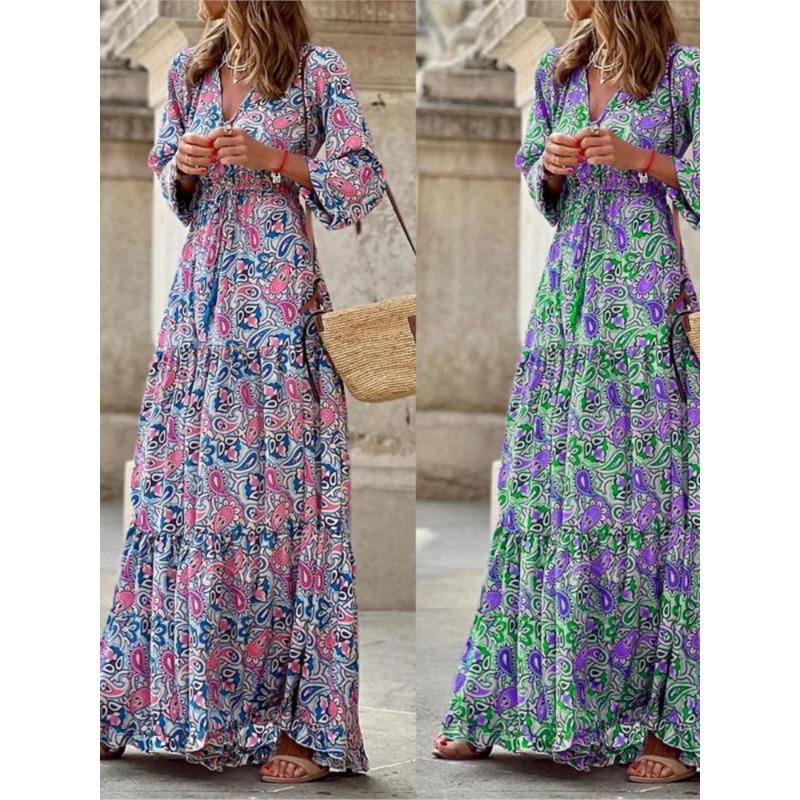 Abito Bohemian da Donna Autunnale Nuova Moda Stampato Sexy Scollo a V Manica Lunga Vita Alta Vita Elastica Lunghezza Media