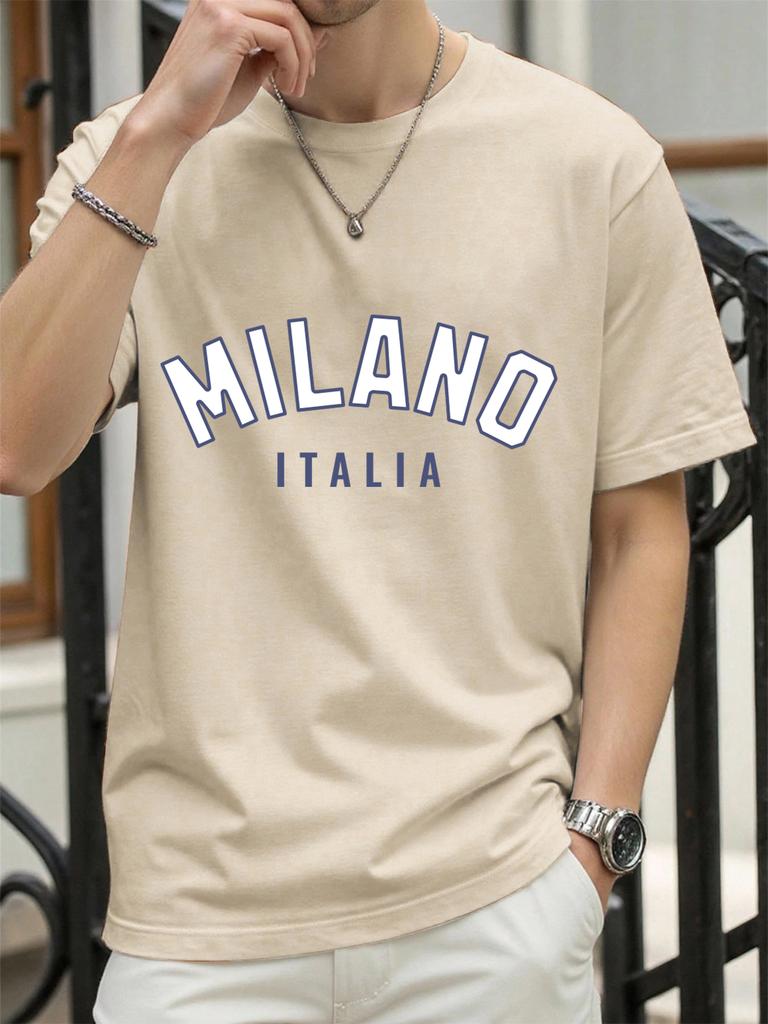 Milano Włochy Nadruk Litery Retro Koszulka Męska Luźna Bawełniana Koszulka Modna Letnia Odzież Unisex Uniwersalna Streetwear