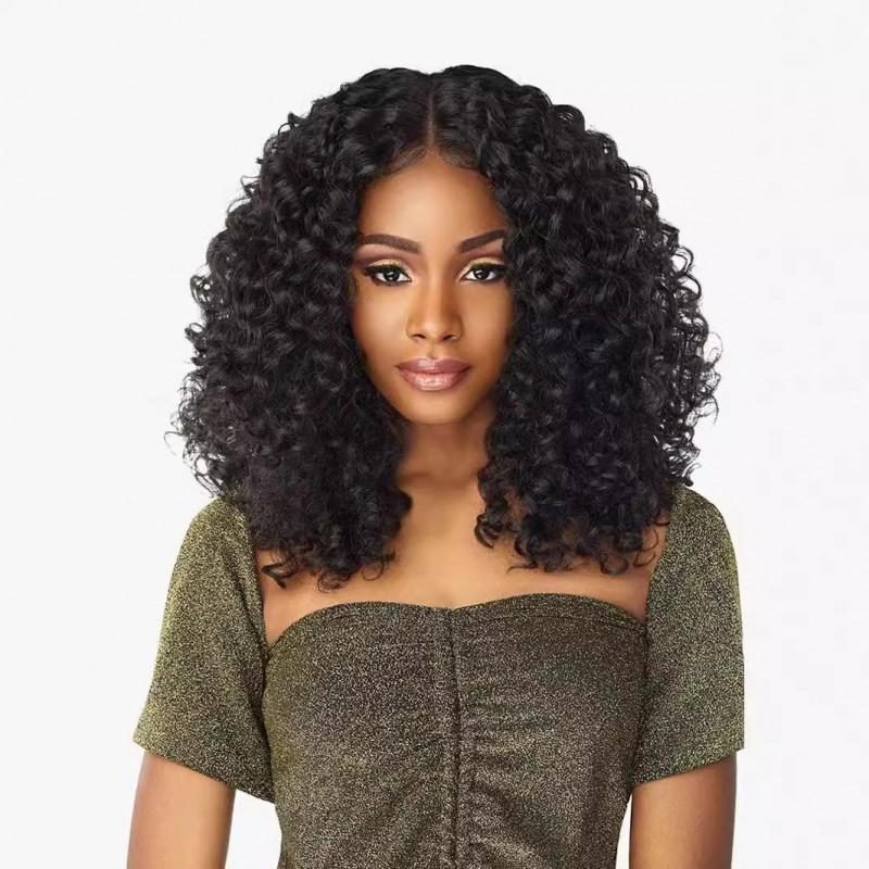 T Lace Front Wig Black Middle Part Short Curly Hair Hand-Tied Small Curls Synthetic Wigs Women