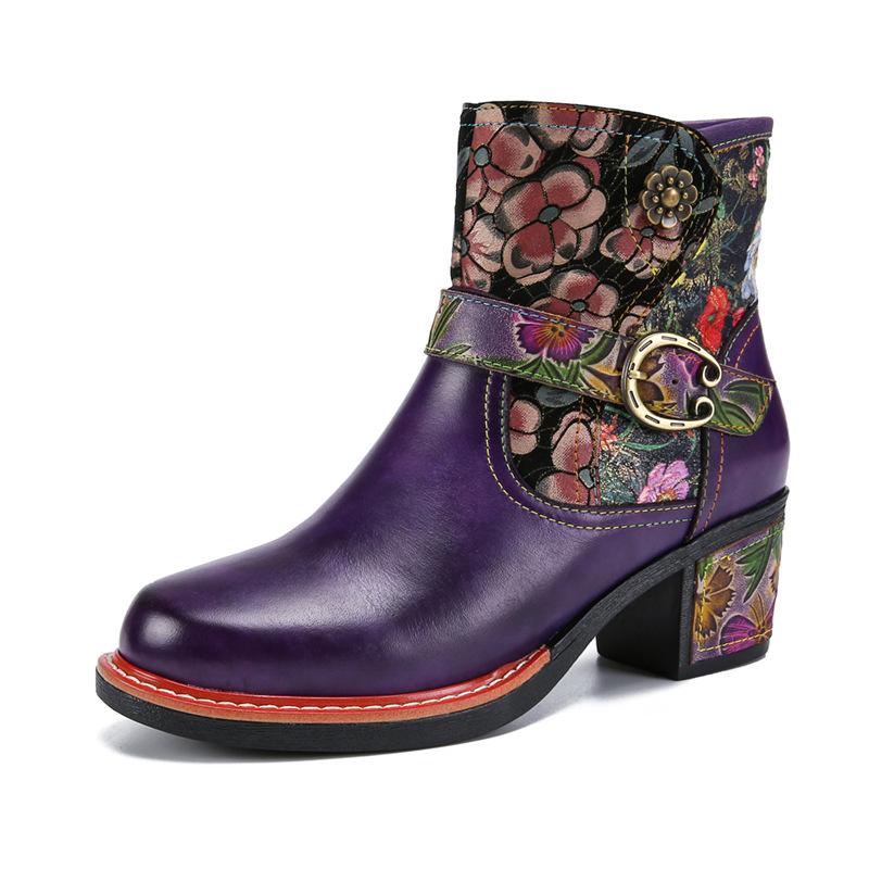 Johnature Vintage Floral High Heeled Women's Boots Genuine Leather Shoes Hand-painted Belt Buckle Fashion Short Boots