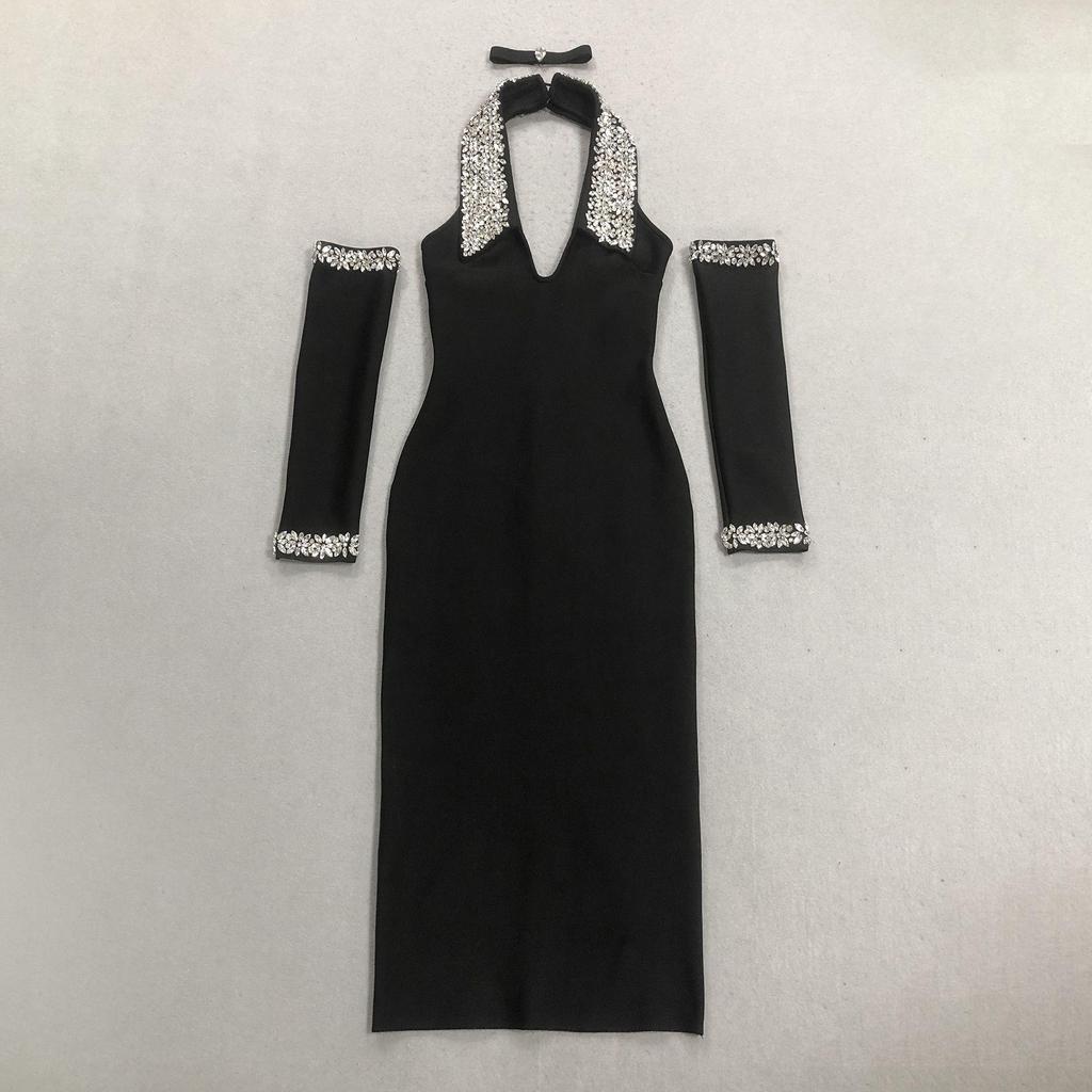 Halter Rhinestone Embellished Sexy Black Bandage Long Dress