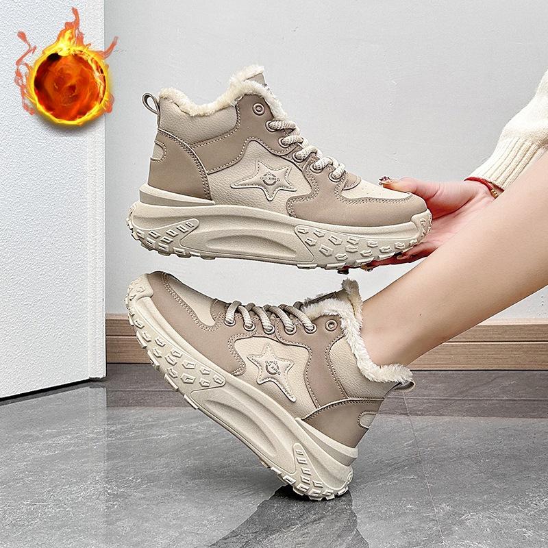 Freizeit Faux Pelz Gefütterte Schneestiefel Schuhe für Damen Zum Hineinschlüpfen Schnürung Klobige Plateau Knöchel Stiefel Winter Warm Kurze Stiefel Damen High Top Laufschuh