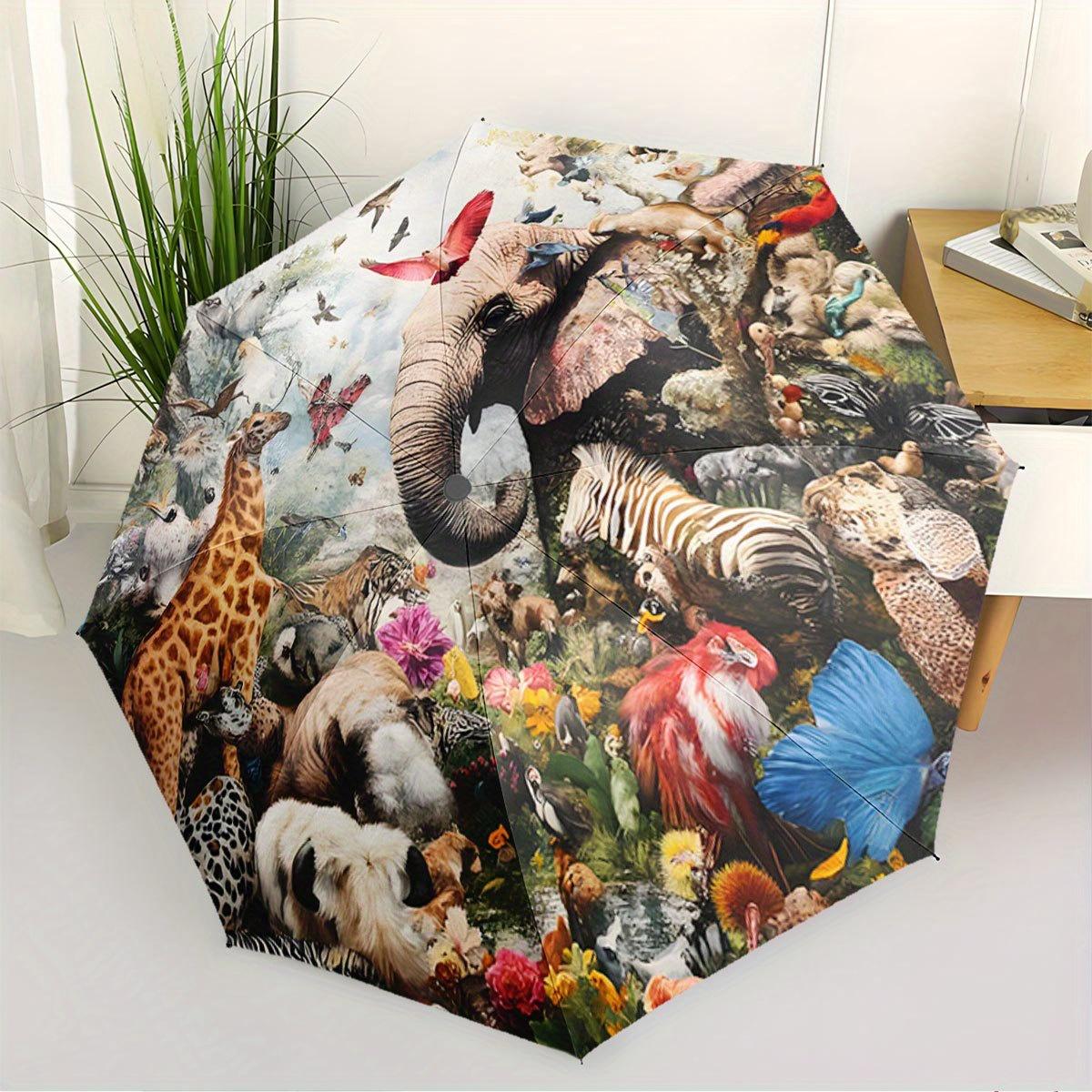 Automatic Open/Close Umbrella with One-Touch Button - Wildlife Collage Design (Giraffe, Elephant, Zebra, Floral Patterns) - Co