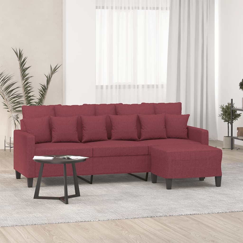 3 Seater Sofa with Ottoman in Burgundy 180 cm Fabric