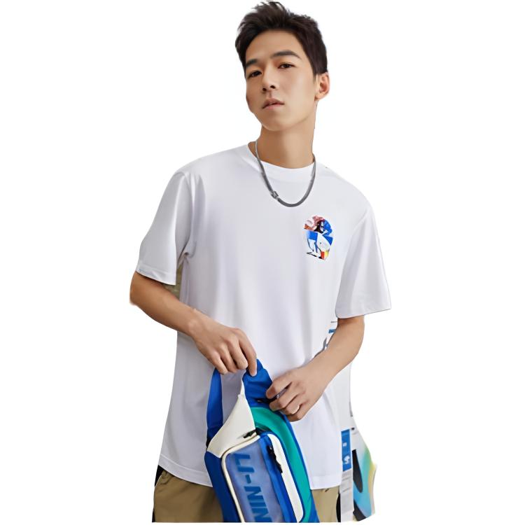 Li Ning Table Tennis Sport Printed Short Sleeve T-Shirt Men Tops Standard-White AHSRC03-1
