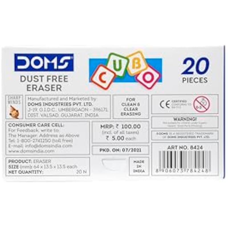 Doms Dust Free Cubo Eraser Box Pack | Comfortable Edge For Easy Handling | Non-Toxic & Safe For Kids | Attractive Body C