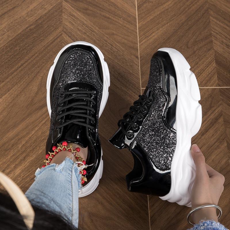 Fashion Shiny Silver Women Casual Shoes Leather Platform Sports Shoes Woman Glitter Bling Sneakers Black Flat Sneakers Skateboard Shoes