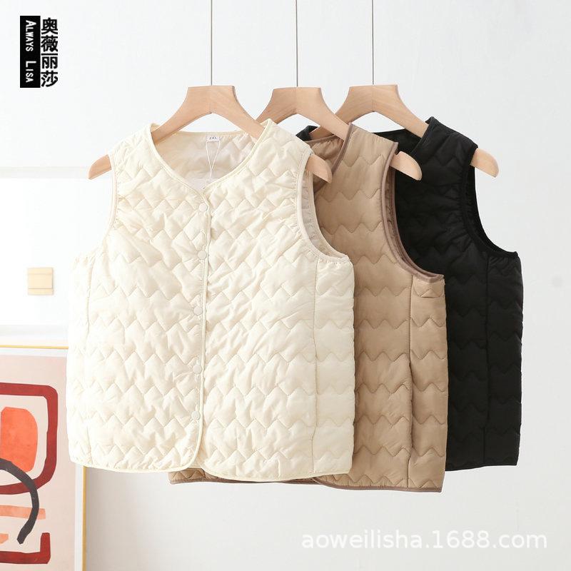 Women's Lightweight Quilted Liner Vest Crew Neck Single Breasted Padded Inner Warm Gilet 2XL-5XL 3 Solid Colors Fall Winter Layering Waistcoat