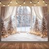 A Christmas Tree and a Polyester Background Cloth with a Snowy Scene Outside the Window  Suitable for Living Room Decoration