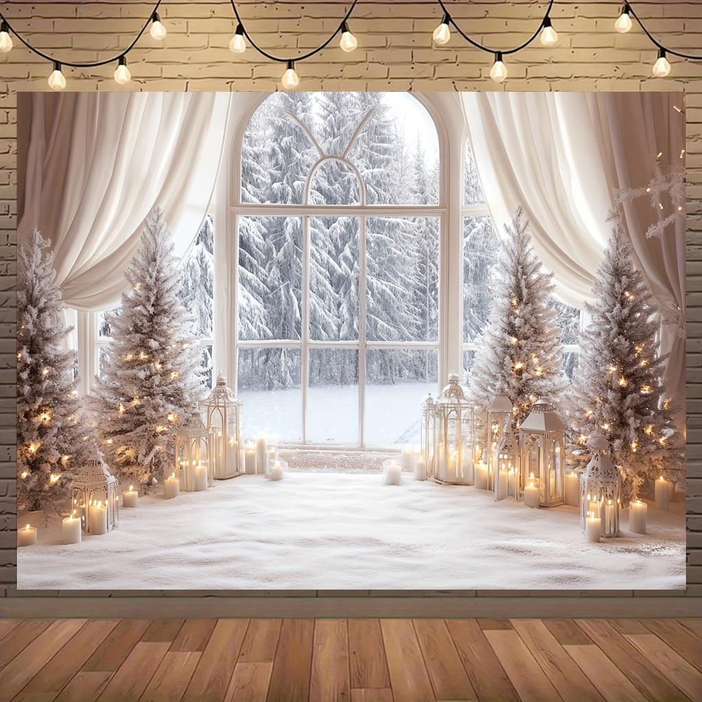 A Christmas Tree and a Polyester Background Cloth with a Snowy Scene Outside the Window Suitable for Living Room Decoration