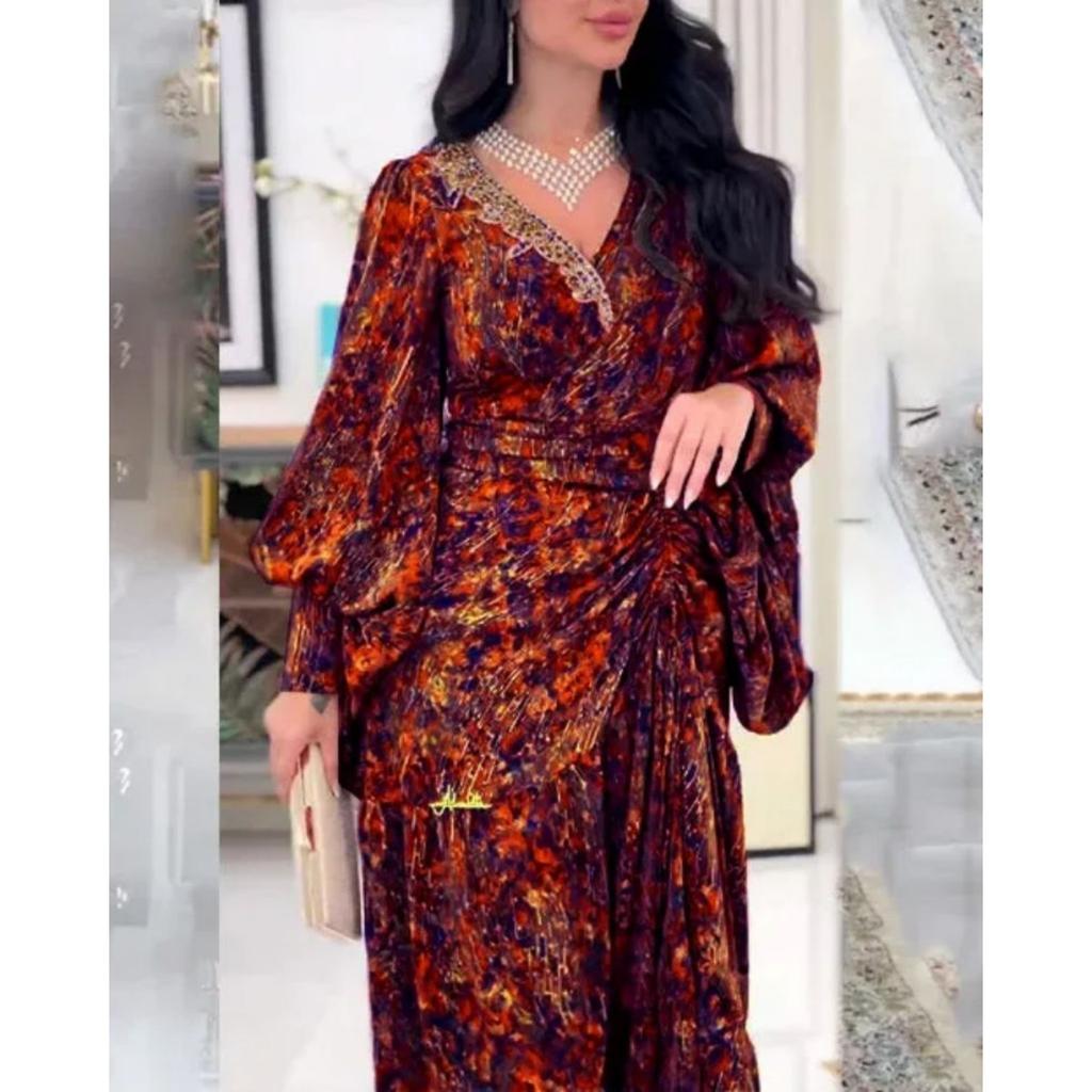 Spring Summer V-neck Patchwork Print High Waist Long Dress With Belt Casual Women's Dress
